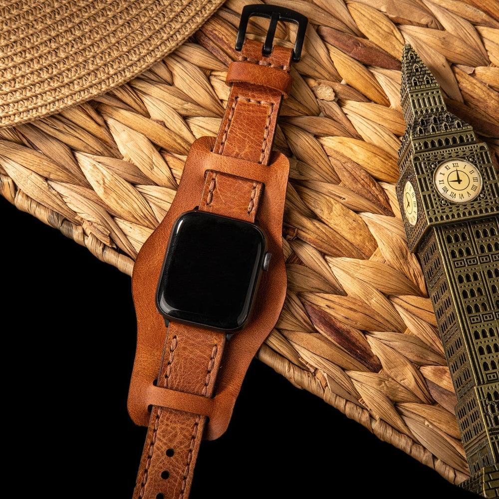 Bund Çift Katlı Deri Apple Watch Kayışı – Camel Yakın Çekim — El Yapımı Hakiki Deri | Deri Kordon