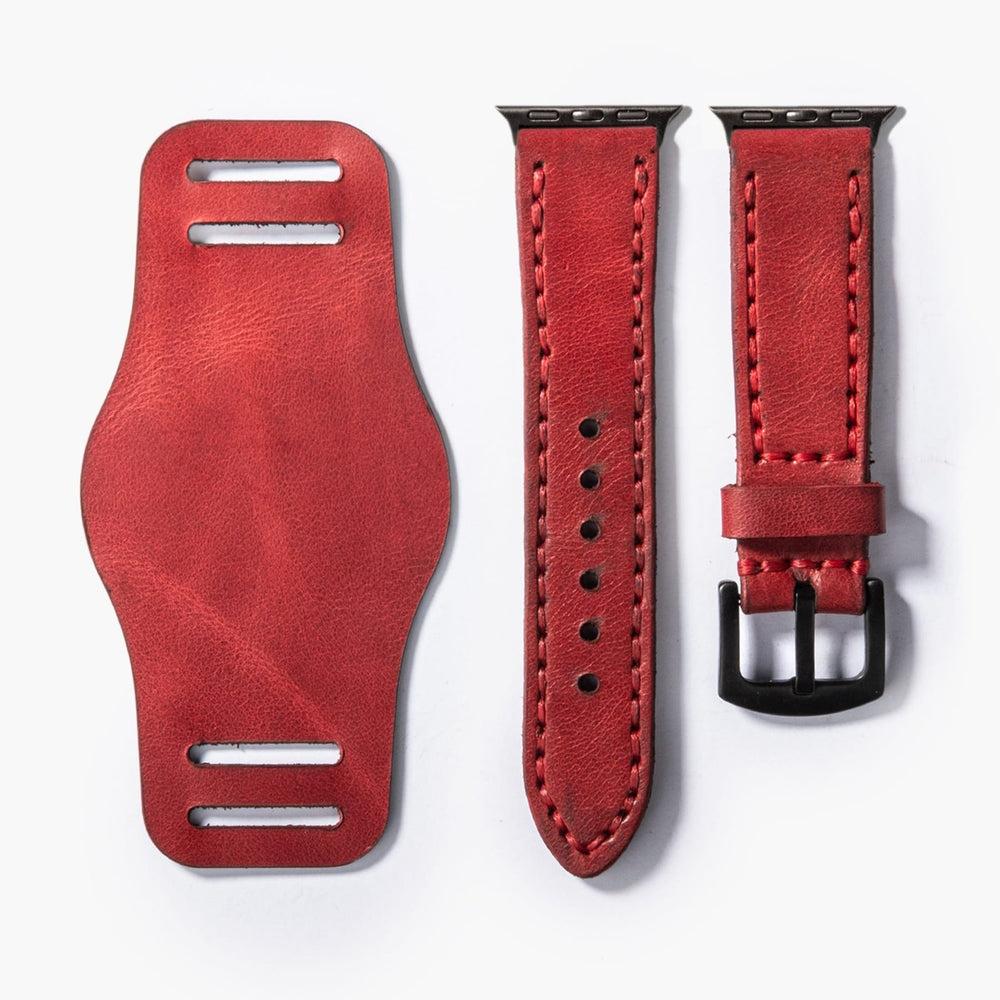 Bund Çift Katlı Deri Apple Watch Kayışı – Kırmızı Yan Görünüm — El Yapımı Hakiki Deri | Deri Kordon
