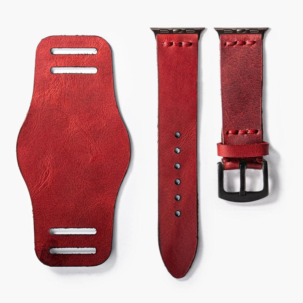 Bund Tek Katlı Deri Apple Watch Kayışı – Kırmızı Yan Görünüm — El Yapımı Hakiki Deri | Deri Kordon