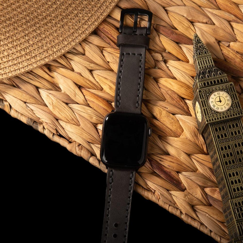 Çift Kat Deri Apple Watch Kayışı – Antrasit Detay — El Yapımı Hakiki Deri | Deri Kordon
