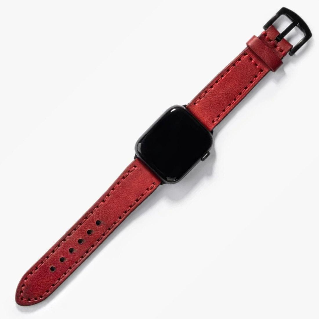 Çift Kat Deri Apple Watch Kayışı – Kırmızı — El Yapımı Hakiki Deri | Deri Kordon