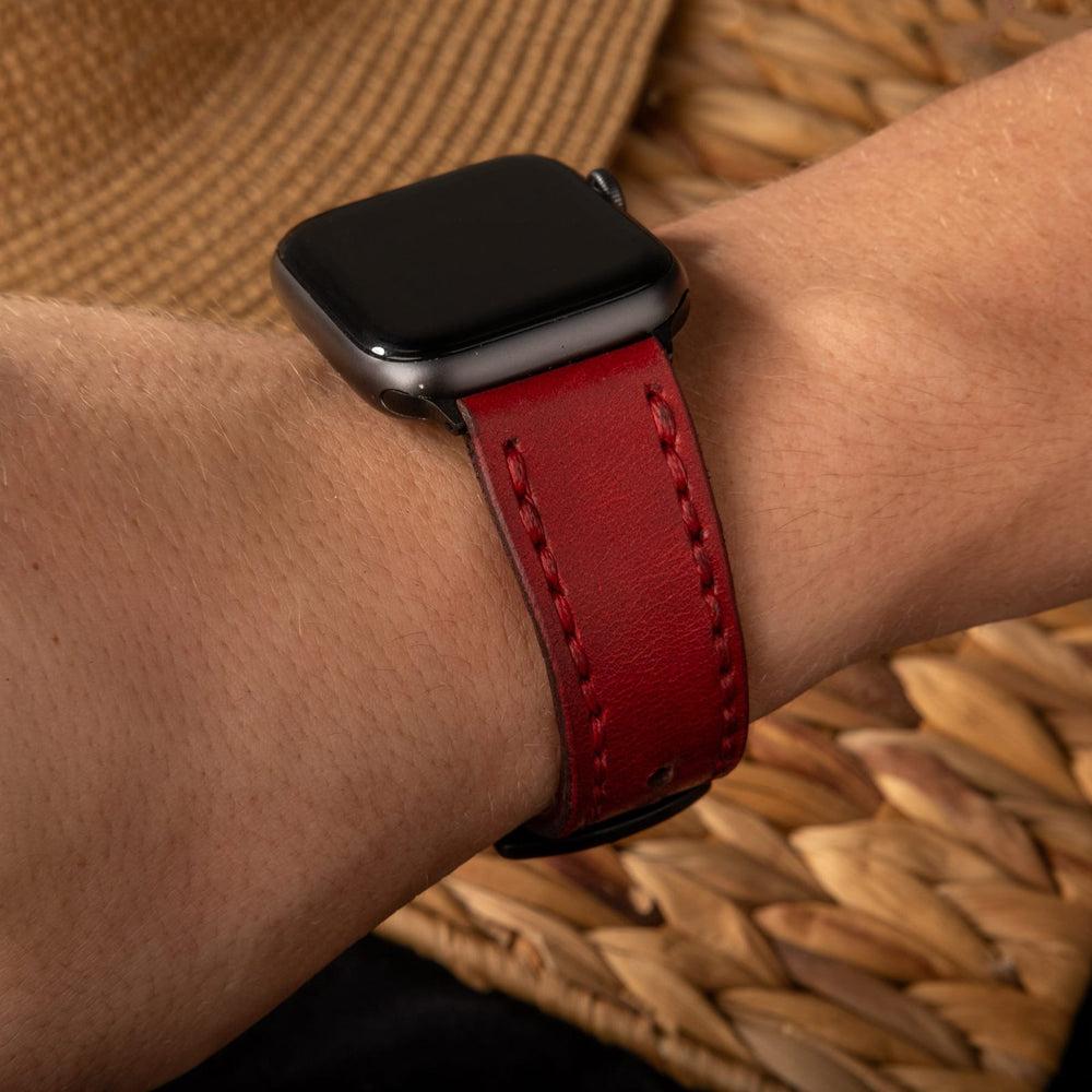 Çift Kat Deri Apple Watch Kayışı – Kırmızı Detay — El Yapımı Hakiki Deri | Deri Kordon