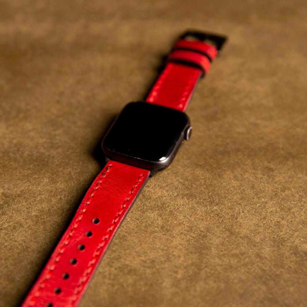 Çift Kat Deri Apple Watch Kayışı – Kırmızı Yan Görünüm — El Yapımı Hakiki Deri | Deri Kordon