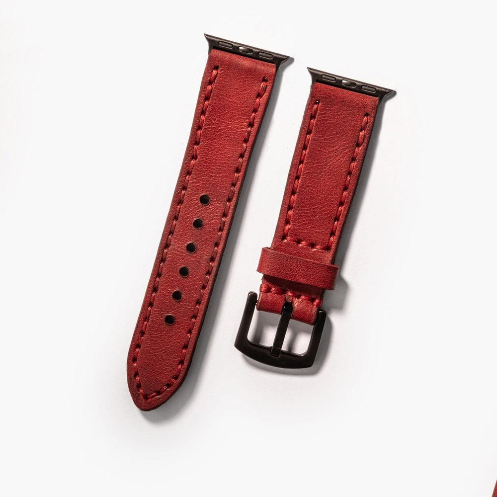 Çift Kat Deri Apple Watch Kayışı – Kırmızı Arka Yüz — El Yapımı Hakiki Deri | Deri Kordon