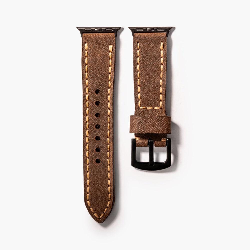 Çift Kat Deri Apple Watch Kayışı – Saffiano Kahve Yakın Çekim — El Yapımı Hakiki Deri | Deri Kordon