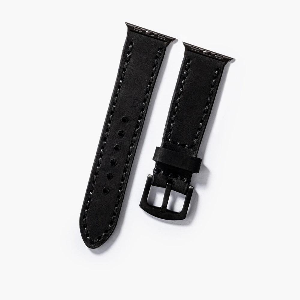 Çift Kat Deri Apple Watch Kayışı – Siyah Yan Görünüm — El Yapımı Hakiki Deri | Deri Kordon