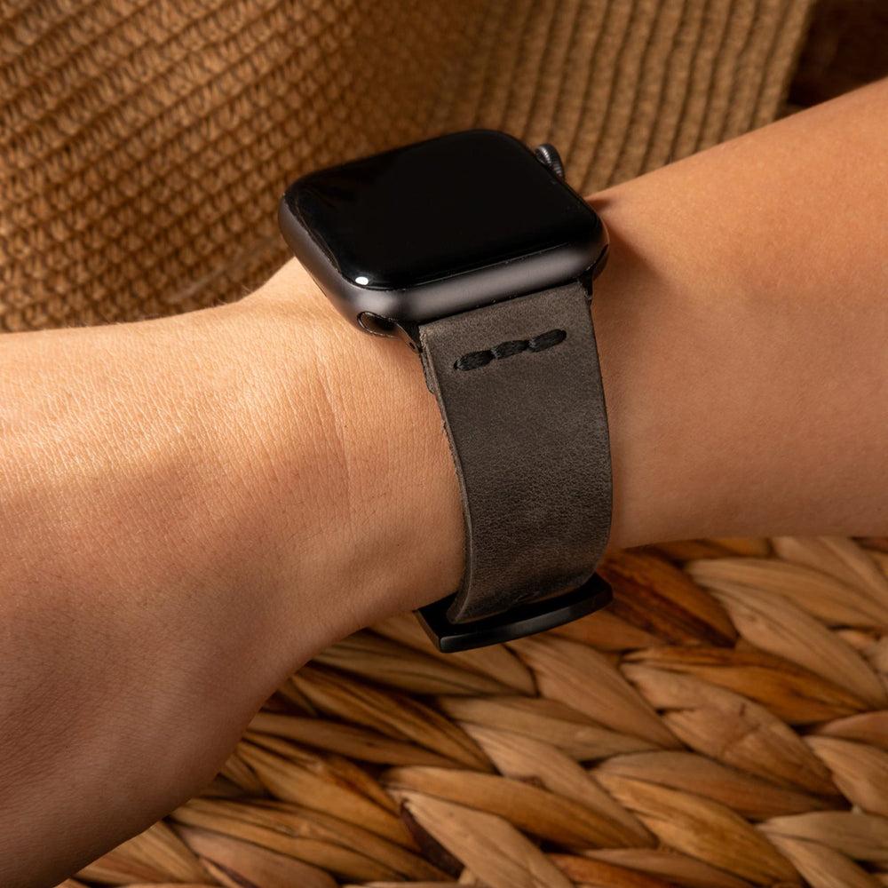 Tek Kat Deri Apple Watch Kayışı – Antrasit Detay — El Yapımı Hakiki Deri | Deri Kordon