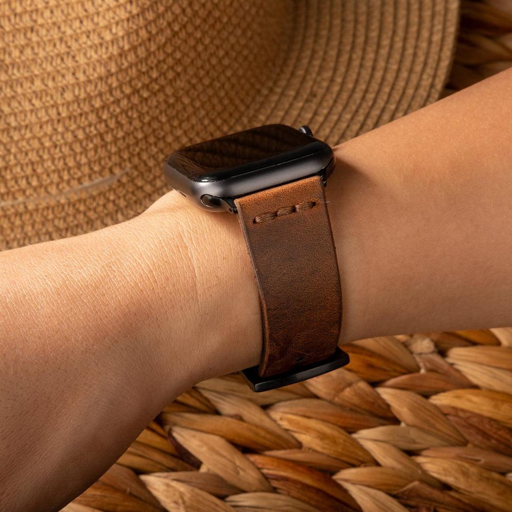 Tek Kat Deri Apple Watch Kayışı – Kahve Detay — El Yapımı Hakiki Deri | Deri Kordon