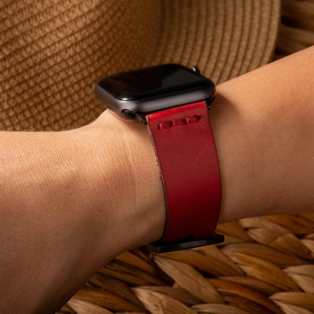 Tek Kat Deri Apple Watch Kayışı – Kırmızı Detay — El Yapımı Hakiki Deri | Deri Kordon