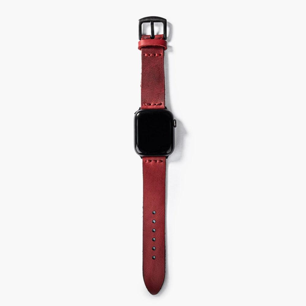 Tek Kat Deri Apple Watch Kayışı – Kırmızı Arka Yüz — El Yapımı Hakiki Deri | Deri Kordon