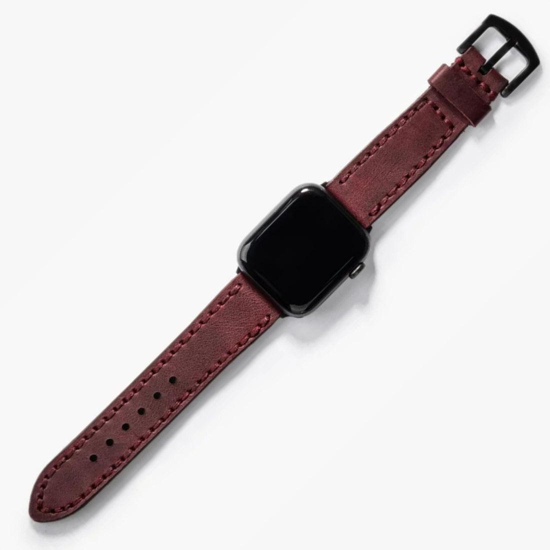 Çift Kat Deri Apple Watch Kayışı – Mürdüm — El Yapımı Hakiki Deri | Deri Kordon