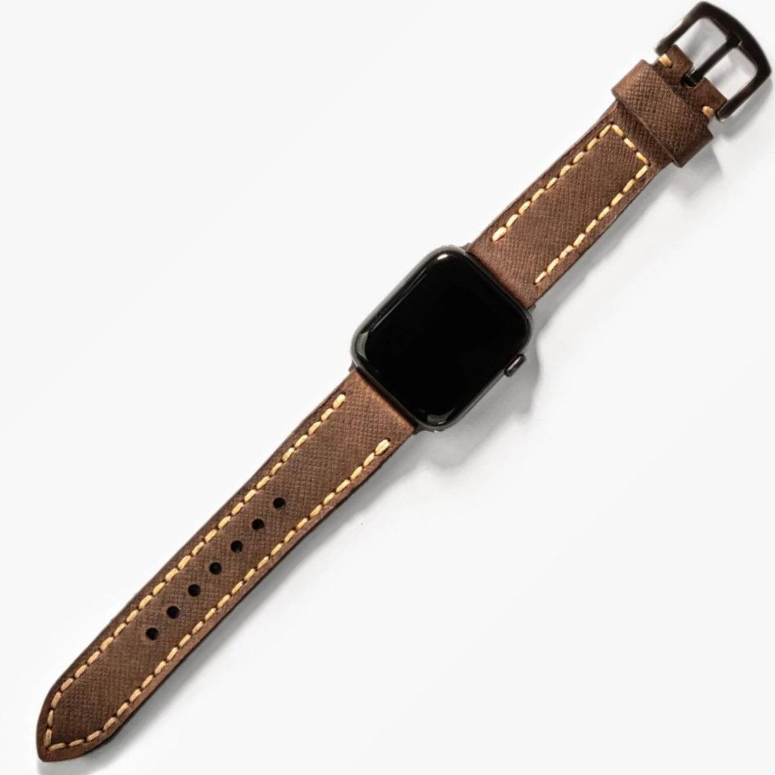 Çift Kat Deri Apple Watch Kayışı – Saffiano Kahve — El Yapımı Hakiki Deri | Deri Kordon