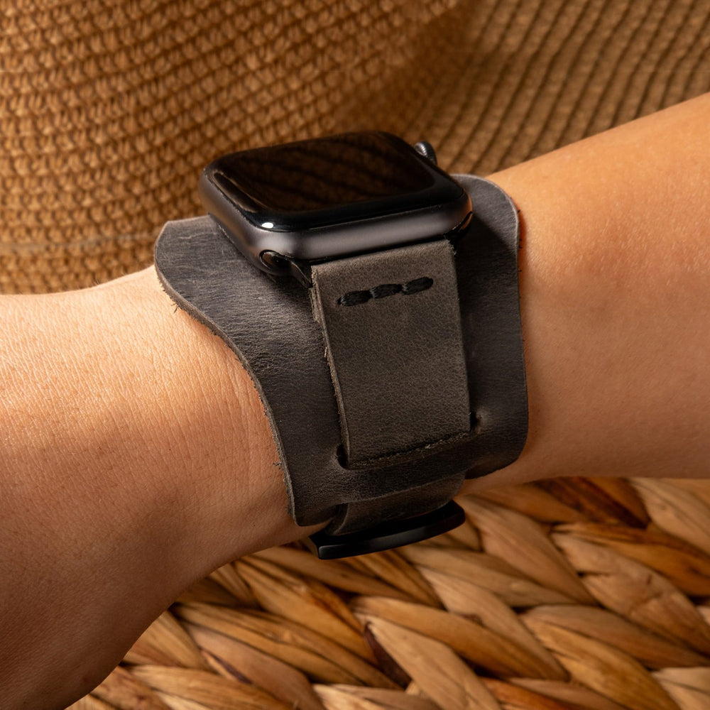Antrasit Bund Tek Katlı Deri Apple Watch Kayışı — Bund Apple Watch kayışının çıkarılabilir alt parçası