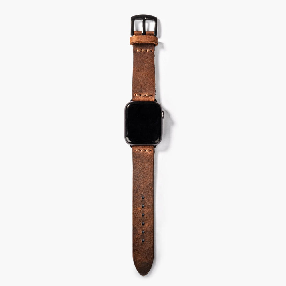 Kahve Tek Kat Deri Apple Watch Kayışı — Tek kat deri Apple Watch kordonunun ince yapısı